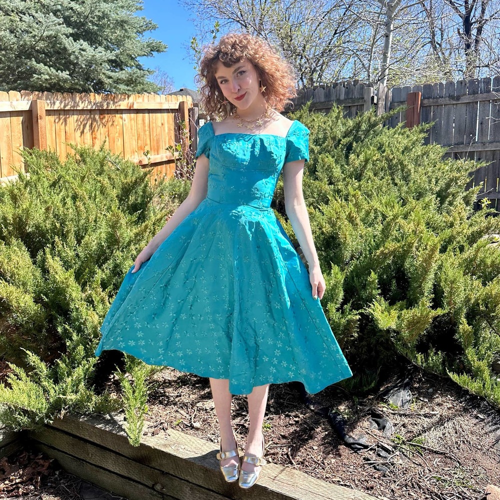 Teal 1950s Embroidered Satin Party Dress
